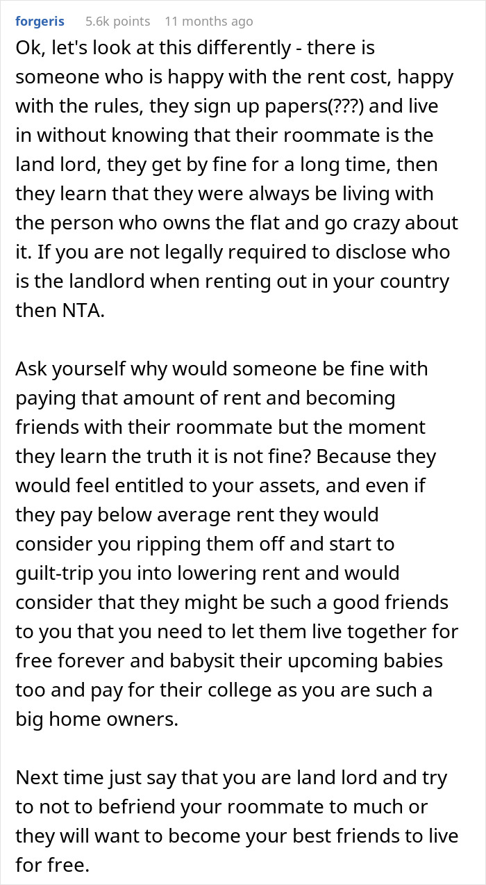 Reddit comment discussing landlord roommates, addressing rent fairness and disclosure requirements. Reddit comment discussing landlord roommates, addressing rent fairness and disclosure requirements.