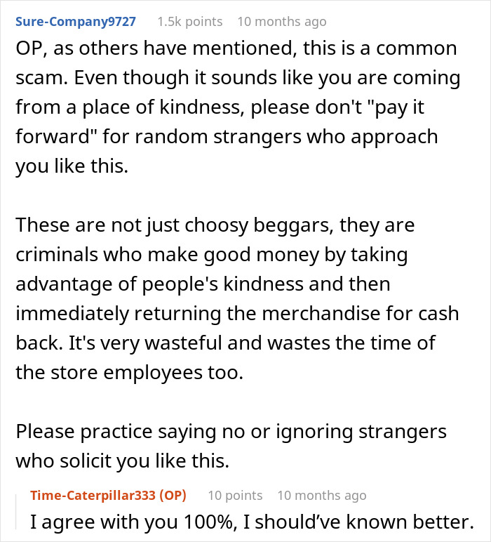 Man asking stranger to pay for groceries while loading up cart in a store setting with packed items.