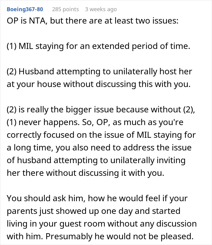 Text post discussing MIL staying for an extended period and husband's unilateral decision. Text post discussing MIL staying for an extended period and husband's unilateral decision.