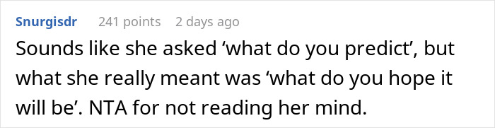 Commenter discussing prediction disagreements in a thread about a guy using statistics to predict a pregnant friend’s baby gender.