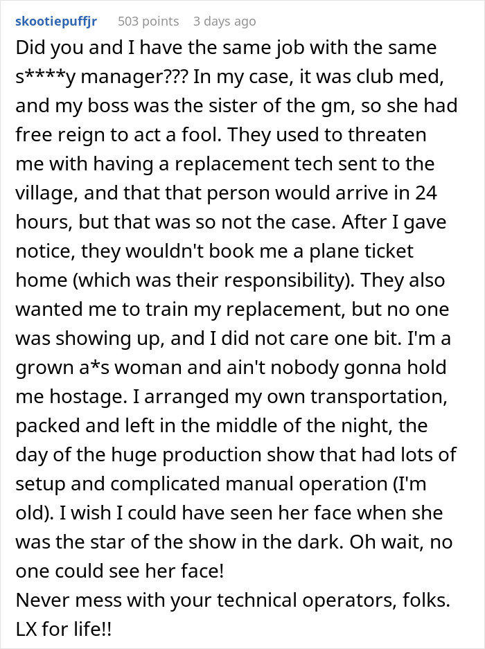 Reddit comment about dealing with a difficult event manager and a workplace confrontation. Reddit comment about dealing with a difficult event manager and a workplace confrontation.
