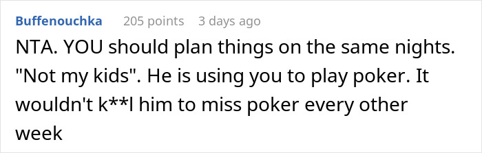 Text post from a user discussing expectations from a husband regarding kids and poker nights. Text post from a user discussing expectations from a husband regarding kids and poker nights.