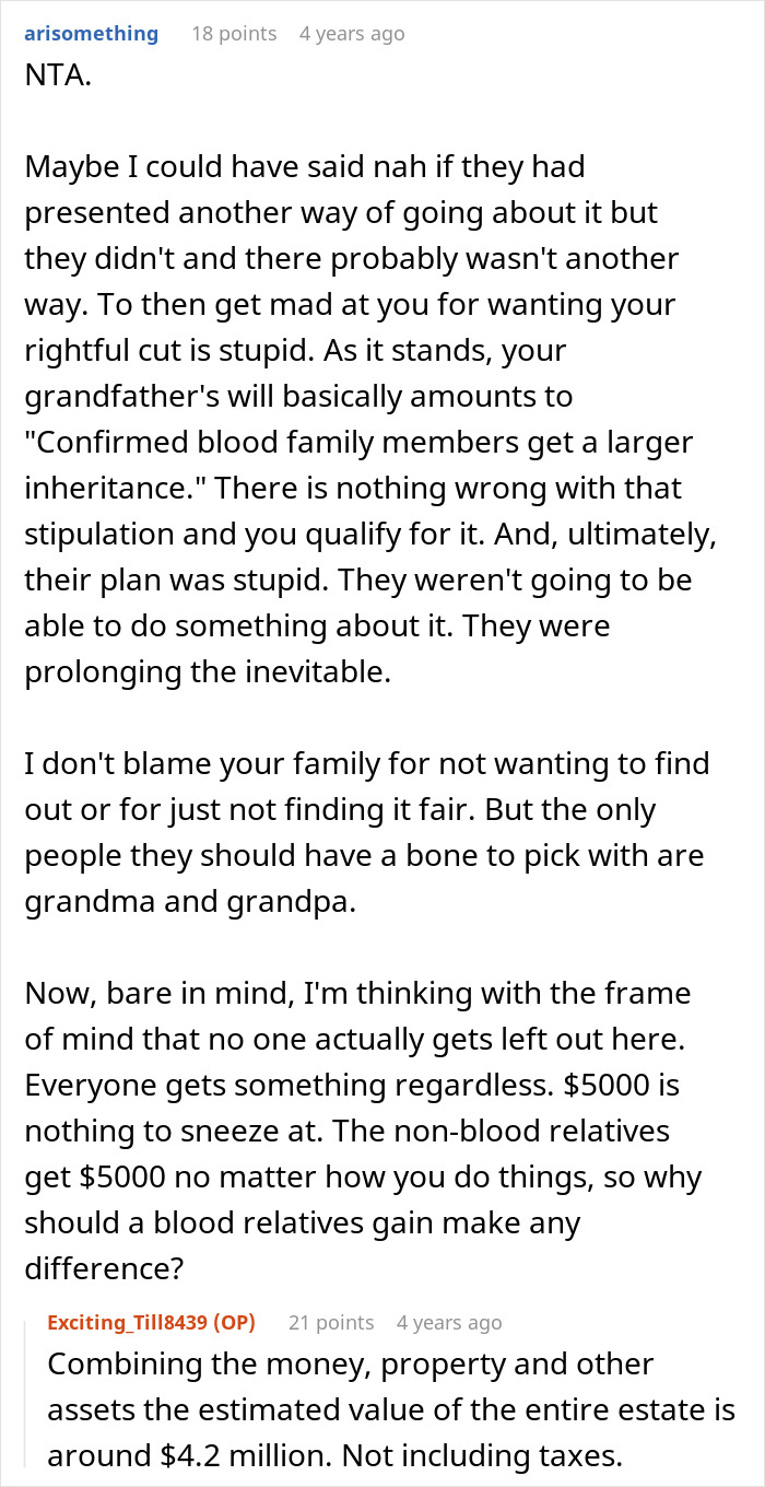 Reddit comment discussing a grandfather's will and family inheritance drama. Reddit comment discussing a grandfather's will and family inheritance drama.