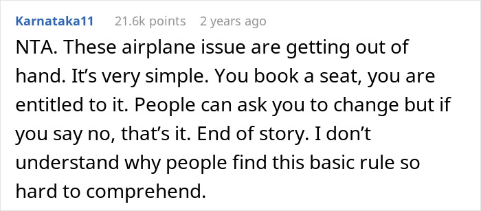 Comment discussing plane seat entitlement, affirming that once a seat is booked, it is your right to refuse sharing it. Comment discussing plane seat entitlement, affirming that once a seat is booked, it is your right to refuse sharing it.