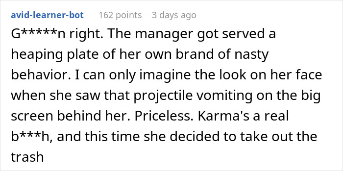 Text detailing an event manager's behavior and public humiliation, highlighting karma. Text detailing an event manager's behavior and public humiliation, highlighting karma.