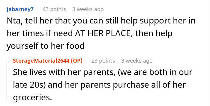 Reddit exchange discussing woman confronting friend over $60 grocery use. Reddit exchange discussing woman confronting friend over $60 grocery use.