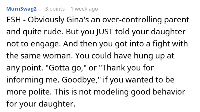 Comment discussing behavior between parents and over-controlling tendencies in a conflict. Comment discussing behavior between parents and over-controlling tendencies in a conflict.