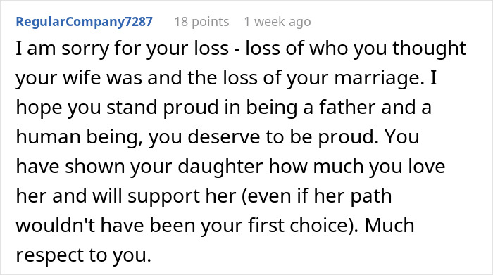 Comment expressing support for a dad defending his bi daughter amid wife threatening divorce over family embarrassment.