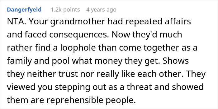Screenshot of a comment discussing consequences of grandmother's affairs and family trust issues. Screenshot of a comment discussing consequences of grandmother's affairs and family trust issues.