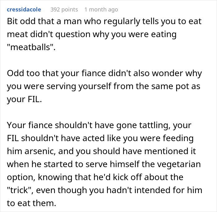 Reddit comment discussing FIL's reaction to eating vegetarian meatballs. Reddit comment discussing FIL's reaction to eating vegetarian meatballs.