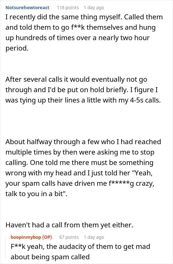 Text exchange about stopping spam callers by repeatedly calling them back. Text exchange about stopping spam callers by repeatedly calling them back.