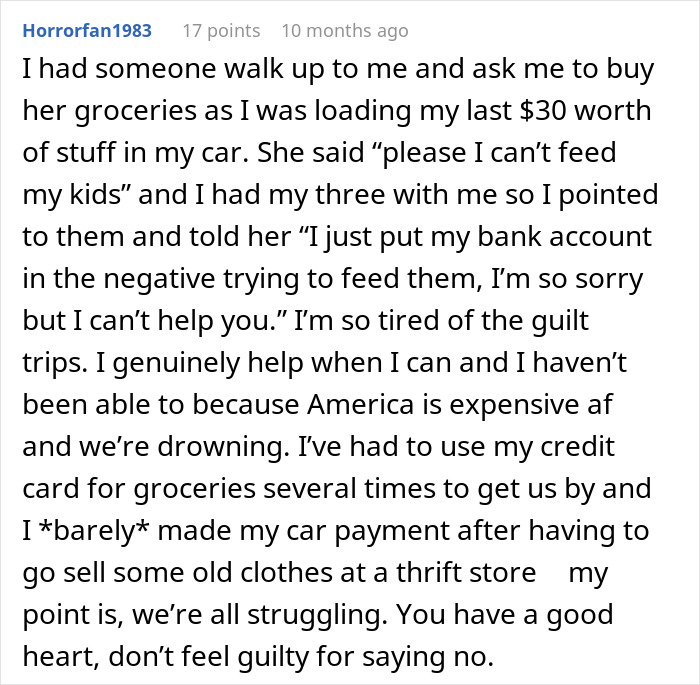 Man asks stranger to pay for groceries while he loads his cart, highlighting struggles with feeding his family.