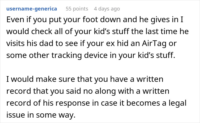 Screenshot of a forum comment advising to check a child’s belongings for an AirTag when planning a trip with an 8-year-old son.