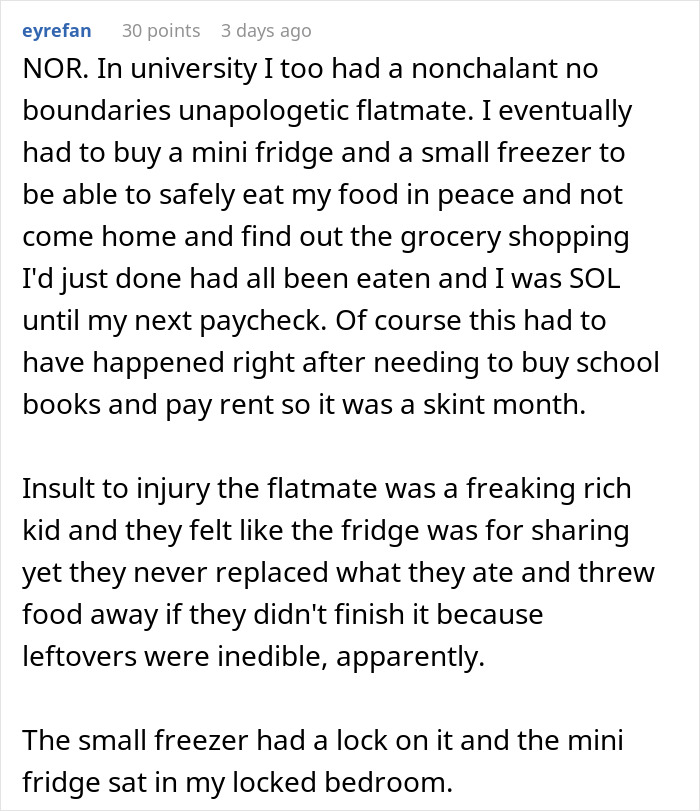 Text discussing a roommate stealing food, leading to the purchase of a mini fridge and lockbox for cheese security. Text discussing a roommate stealing food, leading to the purchase of a mini fridge and lockbox for cheese security.