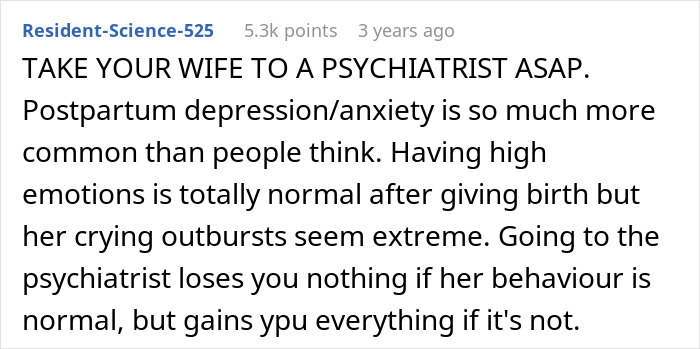 Reddit post discussing postpartum depression and the importance of psychiatric help for new mothers. Reddit post discussing postpartum depression and the importance of psychiatric help for new mothers.