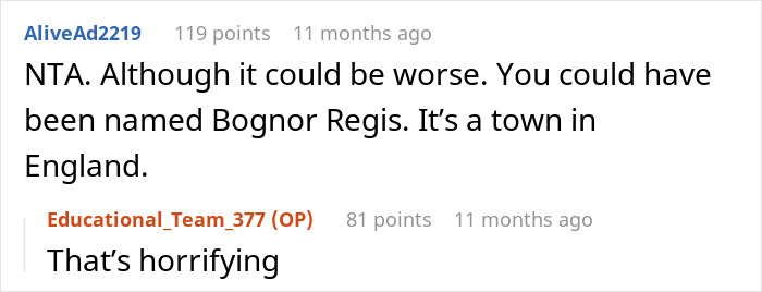 Comment thread discussing name change secrecy with humorous town name suggestion. Comment thread discussing name change secrecy with humorous town name suggestion.