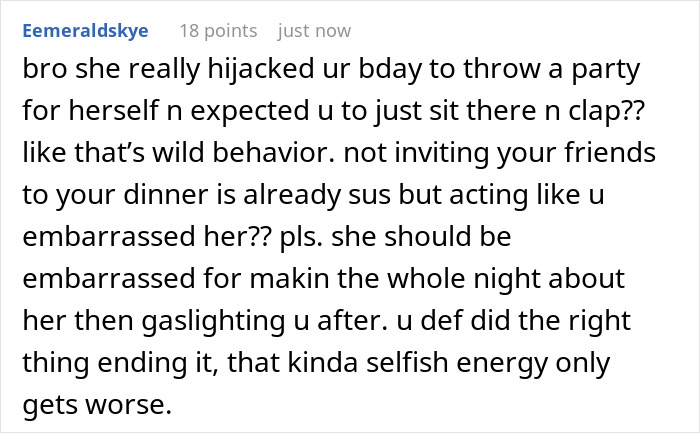 Text discussing a birthday dinner turned into a girlfriend's celebration and the resulting conflict. Text discussing a birthday dinner turned into a girlfriend's celebration and the resulting conflict.