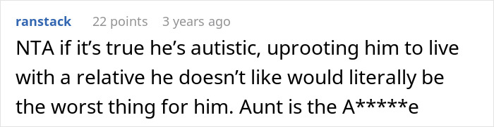 Text from a forum post about an autistic cousin's care by a guy, discussing family dynamics. Text from a forum post about an autistic cousin's care by a guy, discussing family dynamics.
