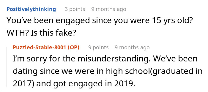 Reddit conversation about relationship misunderstanding and engagement timing clarification. Reddit conversation about relationship misunderstanding and engagement timing clarification.