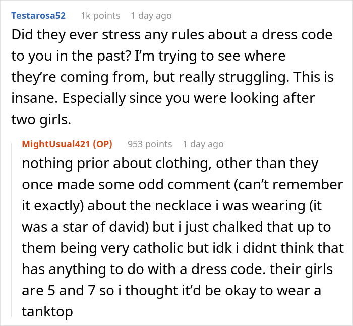 Chat discussion about a teen's tank top and a religious couple's response.