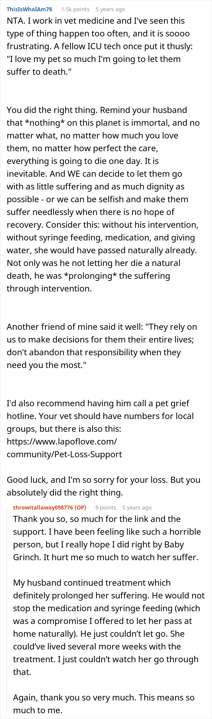 Reddit thread discussing a woman ending her dog's suffering while her husband hoped for recovery. Reddit thread discussing a woman ending her dog's suffering while her husband hoped for recovery.