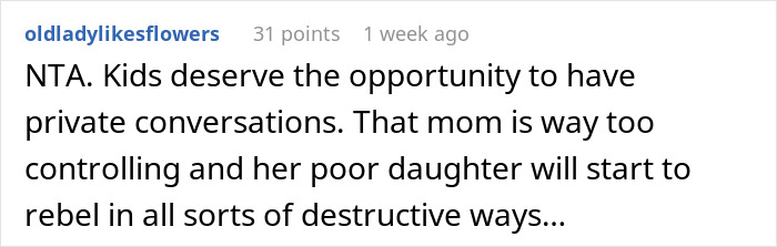 Reddit comment criticizing a mom for checking her daughter's phone, calling it controlling behavior. Reddit comment criticizing a mom for checking her daughter's phone, calling it controlling behavior.