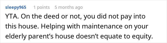Reddit comment discussing vacation house equity and elderly parent's ownership rights. Reddit comment discussing vacation house equity and elderly parent's ownership rights.