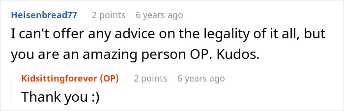 Reddit comments discussing a babysitting situation, praising the original poster. Reddit comments discussing a babysitting situation, praising the original poster.
