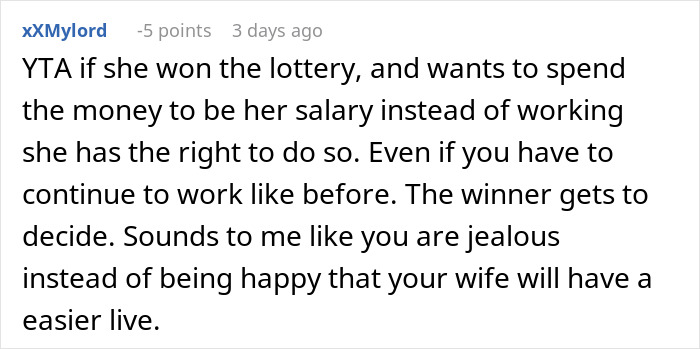 Reddit comment discussing lottery winnings and relationship dynamics. Reddit comment discussing lottery winnings and relationship dynamics.