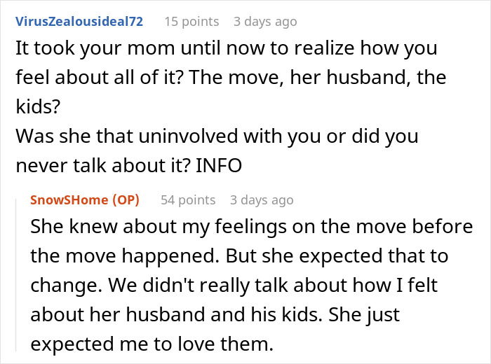 Teen discusses moving to stepdad's hometown and expressing frustration in a chat exchange. Teen discusses moving to stepdad's hometown and expressing frustration in a chat exchange.