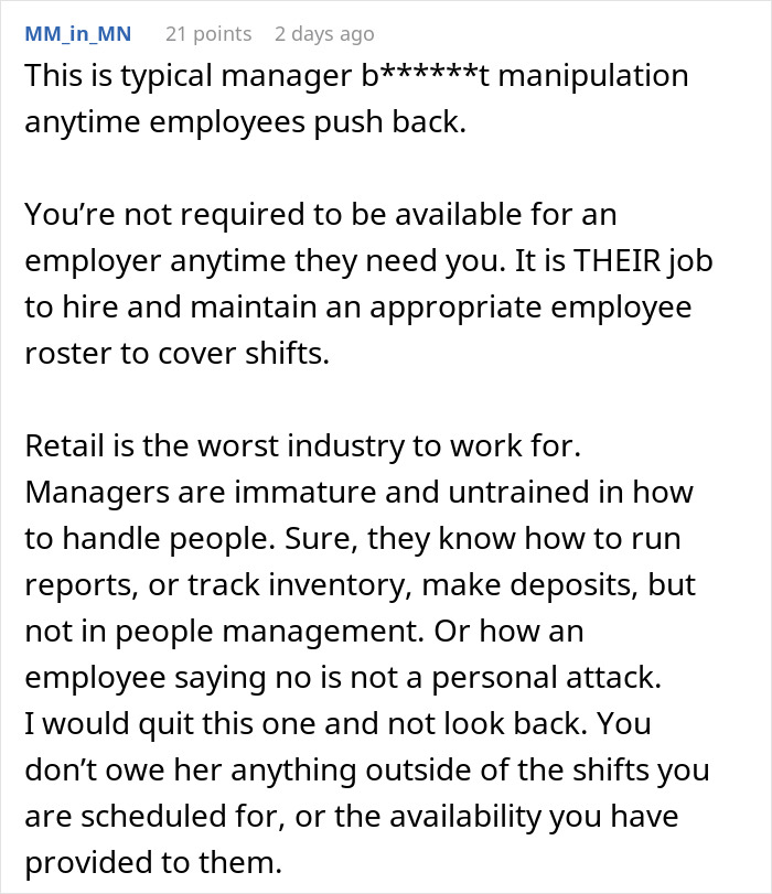 Text explaining a manager's poor handling of employee availability. Text explaining a manager's poor handling of employee availability.
