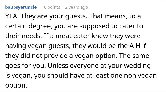 Text comment discussing wedding menu options and guest preferences. Text comment discussing wedding menu options and guest preferences.