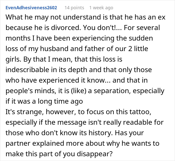 Text discussing man's upset over future wife keeping tattoo from late husband. Text discussing man's upset over future wife keeping tattoo from late husband.