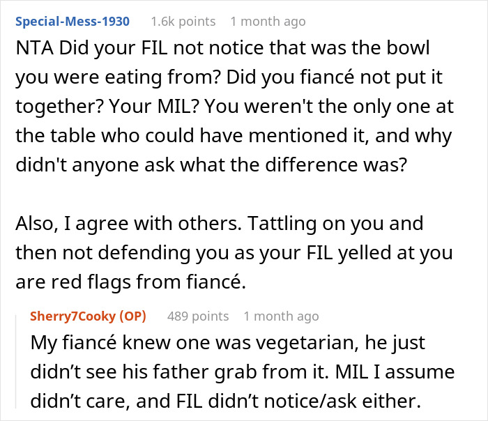 Reddit comments discussing FIL reaction to vegetarian meatballs; raising relationship concerns. Reddit comments discussing FIL reaction to vegetarian meatballs; raising relationship concerns.