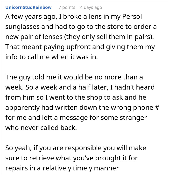 Text recounting an experience with delayed sunglass lens repair due to miscommunication. Text recounting an experience with delayed sunglass lens repair due to miscommunication.