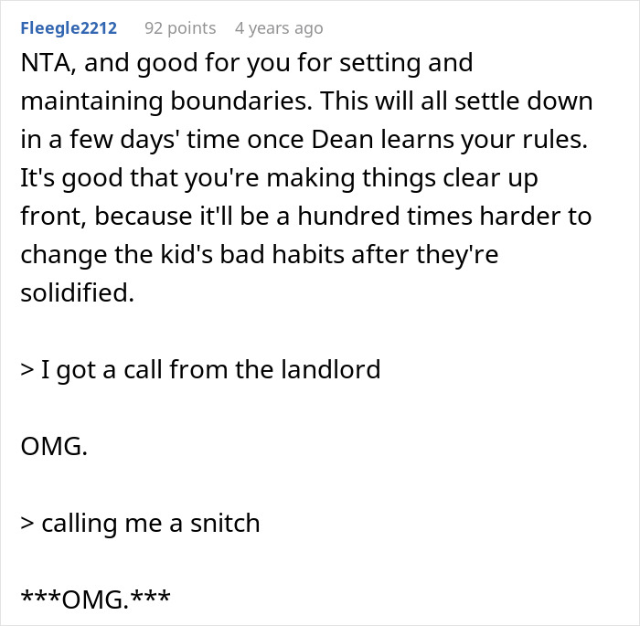 Text conversation about housemate's child, discussing boundaries and being called a snitch for involving landlord. Text conversation about housemate's child, discussing boundaries and being called a snitch for involving landlord.
