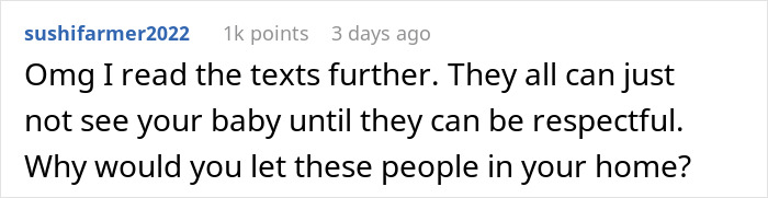 Text comment addressing family restrictions on seeing a new baby until vaccinations are updated. Text comment addressing family restrictions on seeing a new baby until vaccinations are updated.
