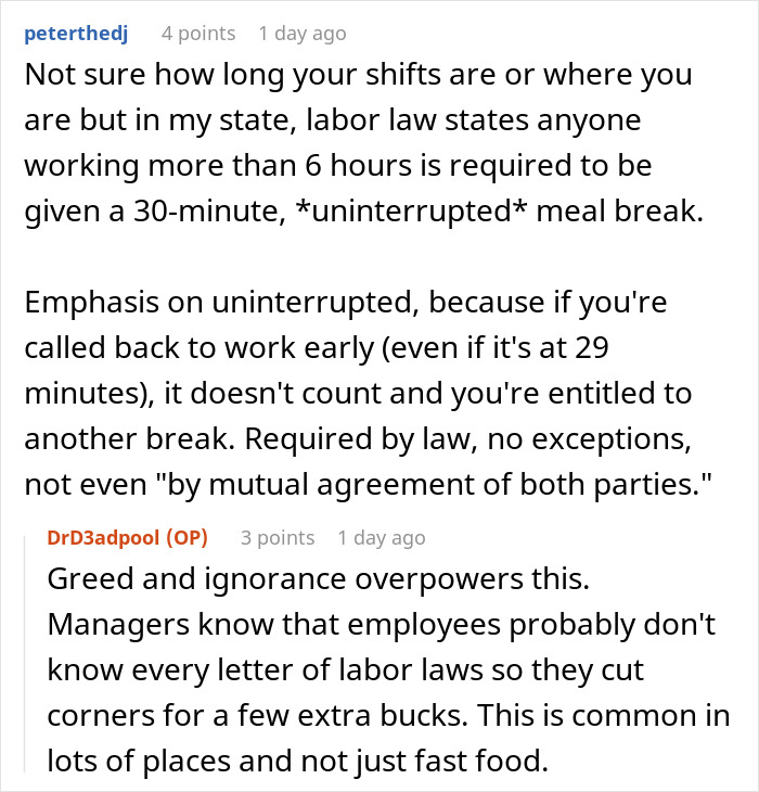Reddit discussion about employee break policy and labor law compliance in the workplace. Reddit discussion about employee break policy and labor law compliance in the workplace.