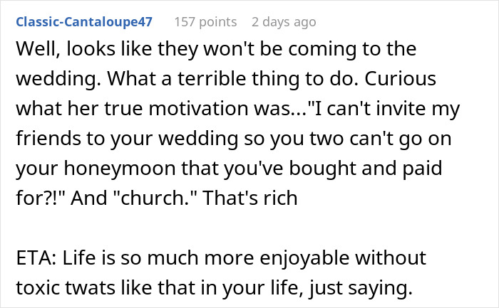 Text screenshot discussing MIL canceling honeymoon, highlighting motives and wedding issues. Text screenshot discussing MIL canceling honeymoon, highlighting motives and wedding issues.