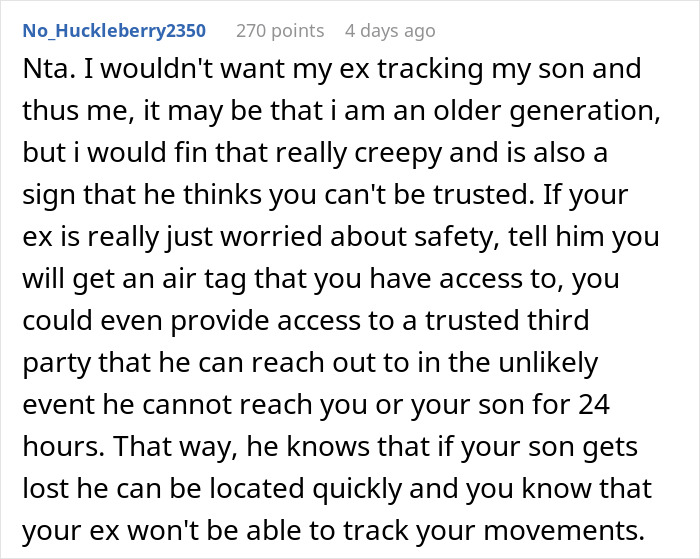 Comment discussing concerns about ex wanting to put an AirTag in son’s shoe to track him during Europe trip