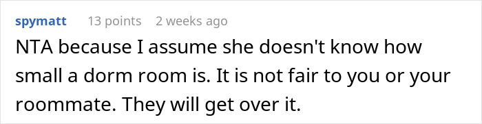 Reddit comment discussing refusal to share a dorm room with a sister and her baby. Reddit comment discussing refusal to share a dorm room with a sister and her baby.