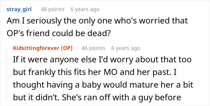 Reddit discussion about a woman's friend disappearing for months after asking to babysit her daughter. Reddit discussion about a woman's friend disappearing for months after asking to babysit her daughter.