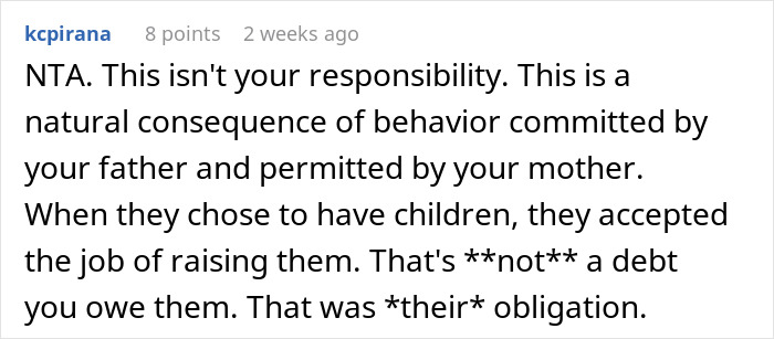 Comment discussing responsibility in family dynamics and addressing a father's past cruelty. Comment discussing responsibility in family dynamics and addressing a father's past cruelty.