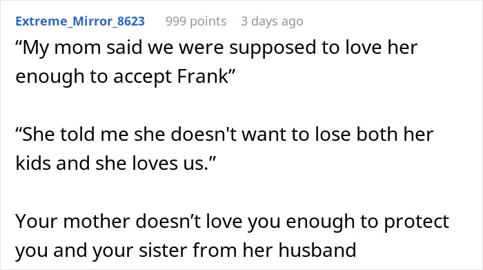 Text exchange discussing a mom demanding kids accept controlling stepdad, leading to family conflict. Text exchange discussing a mom demanding kids accept controlling stepdad, leading to family conflict.