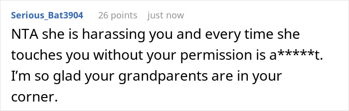 Online comment discussing harassment and support from grandparents. Online comment discussing harassment and support from grandparents.