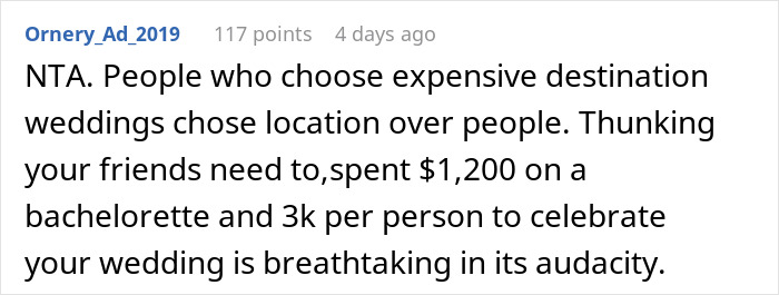 Comment discussing woman choosing affordable getaway with husband over friend’s expensive wedding, sparking bride’s criticism.