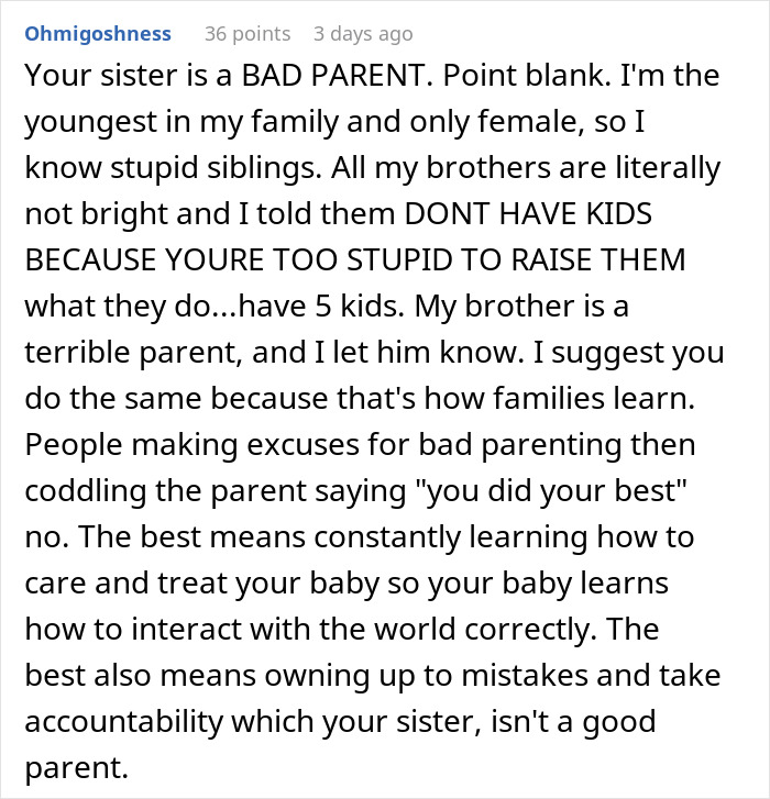 Text expressing frustration about family drama, sibling's parenting, and lack of accountability. Text expressing frustration about family drama, sibling's parenting, and lack of accountability.