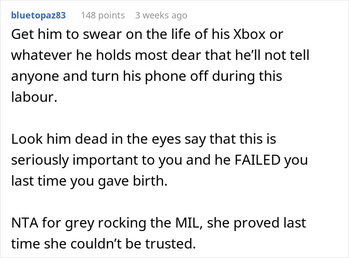 Reddit comment discussing keeping pregnancy news from an overbearing MIL for attention. Reddit comment discussing keeping pregnancy news from an overbearing MIL for attention.