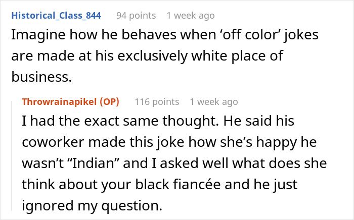 Text exchange discussing guy's behavior at workplace and reaction to racial comments about his black fiancée. Text exchange discussing guy's behavior at workplace and reaction to racial comments about his black fiancée.