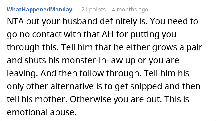 Comment criticizing husband's response to MIL's inappropriate actions regarding birth control. Comment criticizing husband's response to MIL's inappropriate actions regarding birth control.